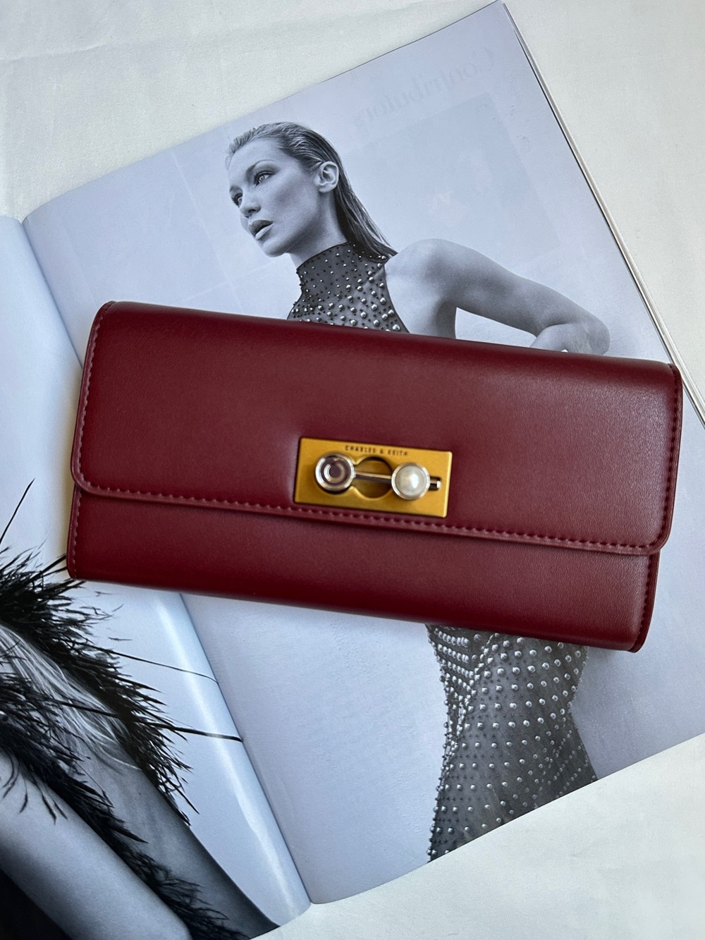 Charles & Keith Burgundy Leather Wallet with Gold Turn-Lock